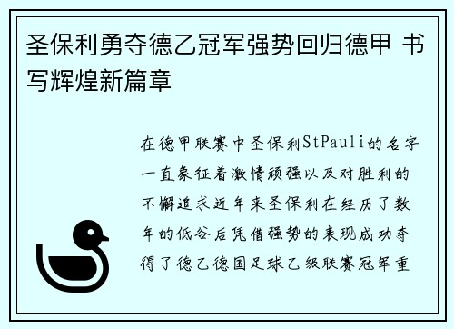 圣保利勇夺德乙冠军强势回归德甲 书写辉煌新篇章